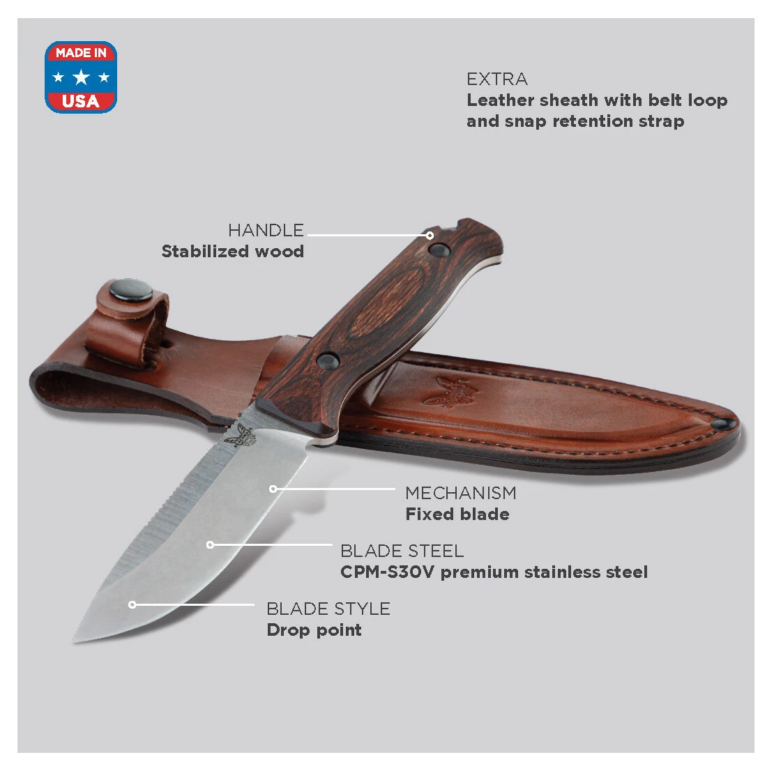 Benchmade Saddle Mountain Skinner CPMS30V Steel Hunting Fixed Blade Knife, Leather Sheath - 15002 8 Benchmade Saddle Mountain Skinner CPMS30V Steel Hunting Fixed Blade Knife, Leather Sheath - 15002 - Image 6