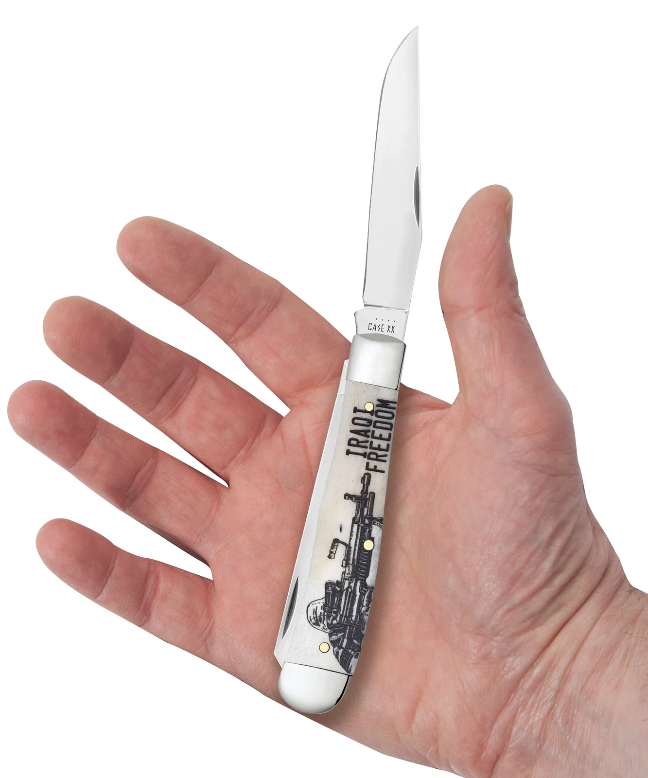 Case War Series Iraqi Freedom Embellished Smooth Natural Bone (SS) Large Trapper Folder Knife #50954 5 Case War Series Iraqi Freedom Embellished Smooth Natural Bone (SS) Large Trapper Folder Knife #50954 - Image 3