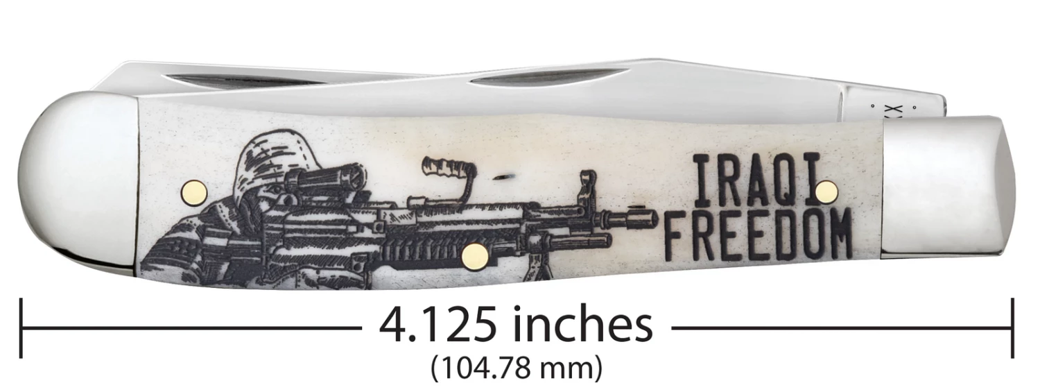 Case War Series Iraqi Freedom Embellished Smooth Natural Bone (SS) Large Trapper Folder Knife #50954 6 Case War Series Iraqi Freedom Embellished Smooth Natural Bone (SS) Large Trapper Folder Knife #50954 - Image 4
